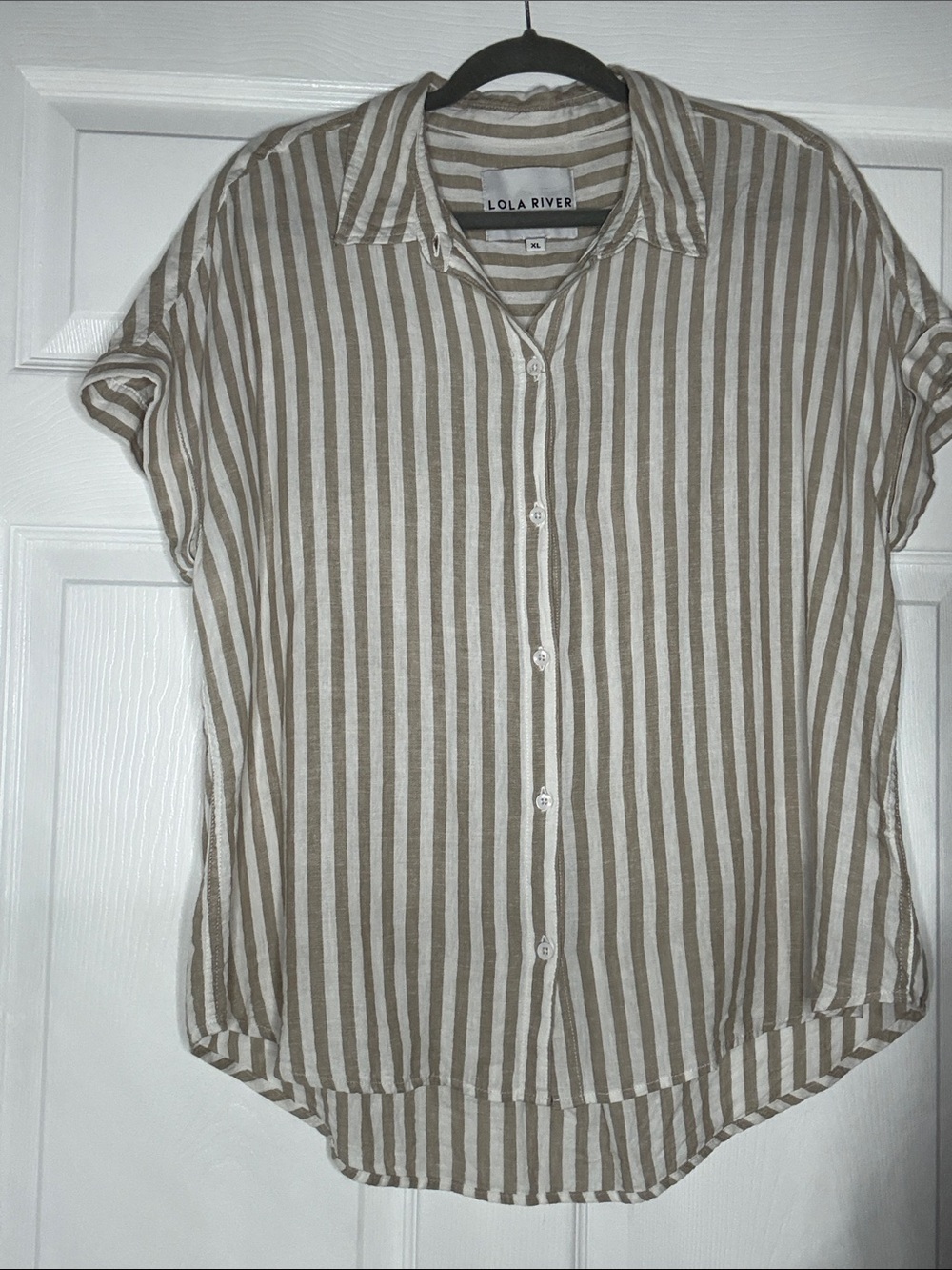 Lola River Women's Beige and White Striped Button-Down Shirt